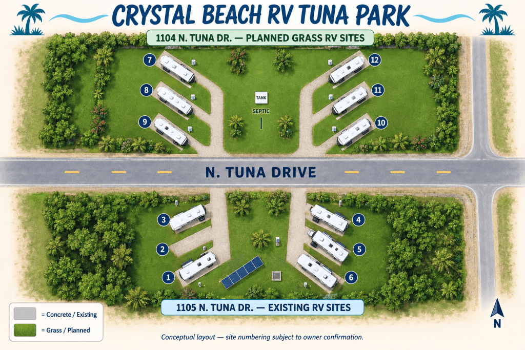Conceptual overhead map of Crystal Beach RV Tuna Park showing Sites 1 through 6 at 1105 N. Tuna Drive and planned grass Sites 7 through 12 at 1104 N. Tuna Drive.